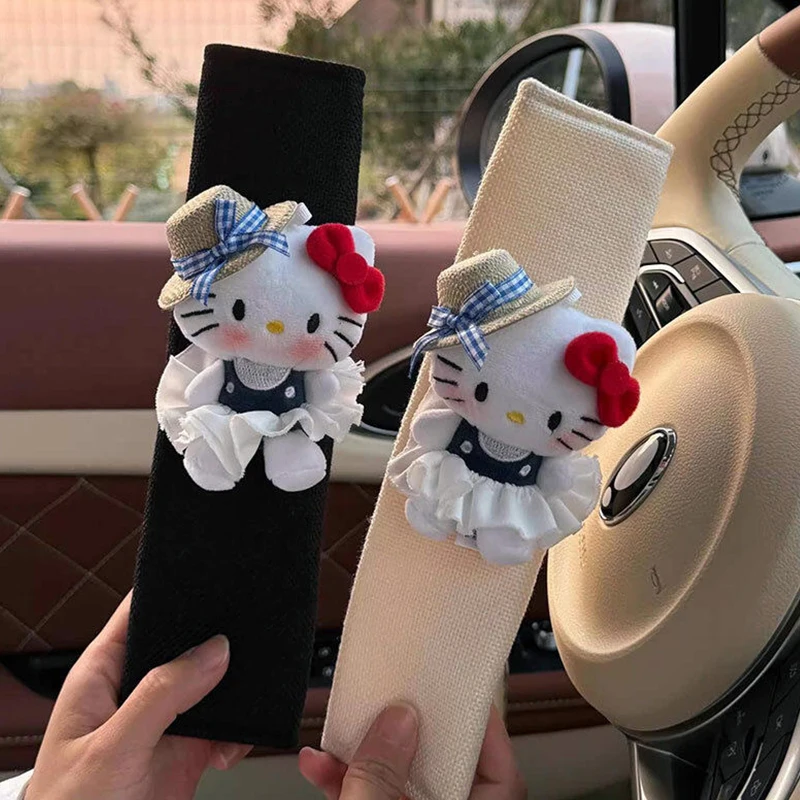 

Sanrios Anime Hellokittys Plush Shoulder Cover Cute Cartoon Animals Safety Universal Auto Belt Shoulder Pad Car Auto Interior