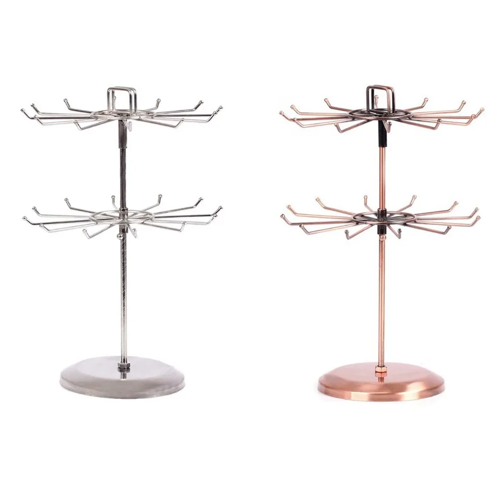 2-Tier Design Jewelry Organizer Stand Iron Material Round Shape Rotating Jewelry Holder Rotatable Keychain Shelf