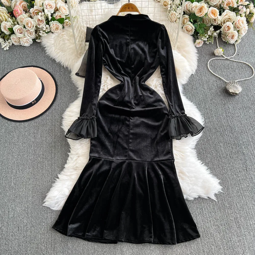 Women Elegant Long Sleeves Vintage Stand Collar Chic Bow Rhinestone Slim Ruffle Dress Evening High Street Autumn Winter Clothing