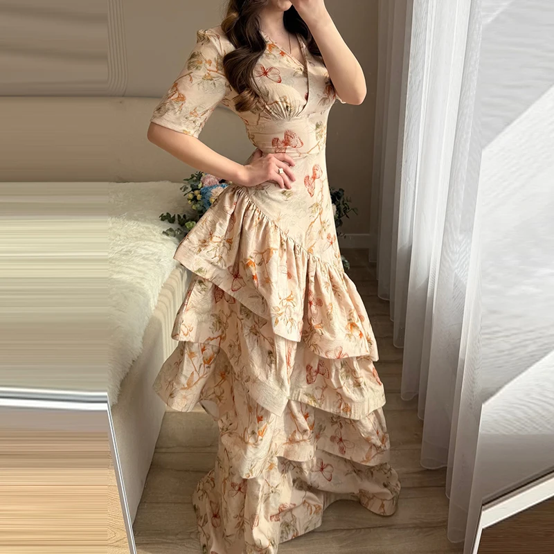 

Женское модное платье с принтом, приталенное, длинное, элегантное, с V-образным вырезом, асимметричное, вечернее, повседневное, с рукавом до локтя, с оборками по низу, фасон «рыбий хвост»