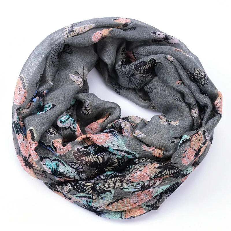 Fashion Women Butterfly Print Infinity Scarves Winter Warm Neckerchief Soft Voile Ring Scarf Loop Shawl Ladies Echarpe Foulard