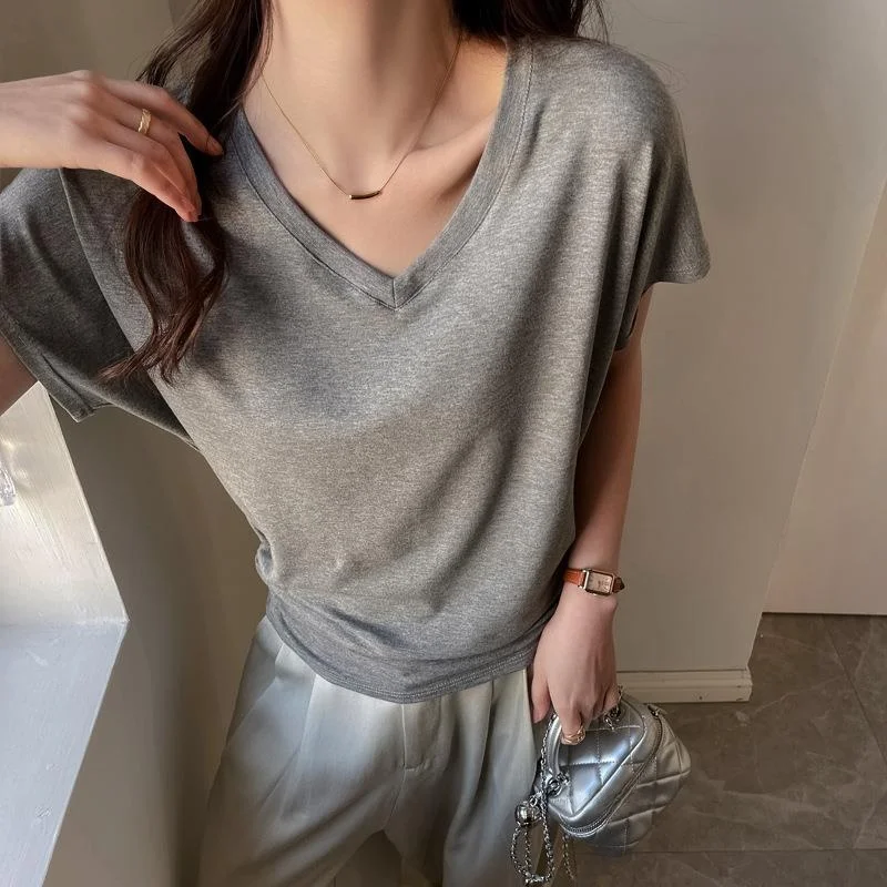 Grey V-Neck Short Sleeve Batwing Fly Sweater Shoulder Length Ladies Simple Style T-Shirt Pure Color Drawstring Winter Fashion