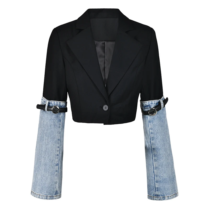 

STUDIO High Waist Slimming Short Suit Jacket Women's Denim Patchwork Belt Design Spring Autumn Fashion Retro Style