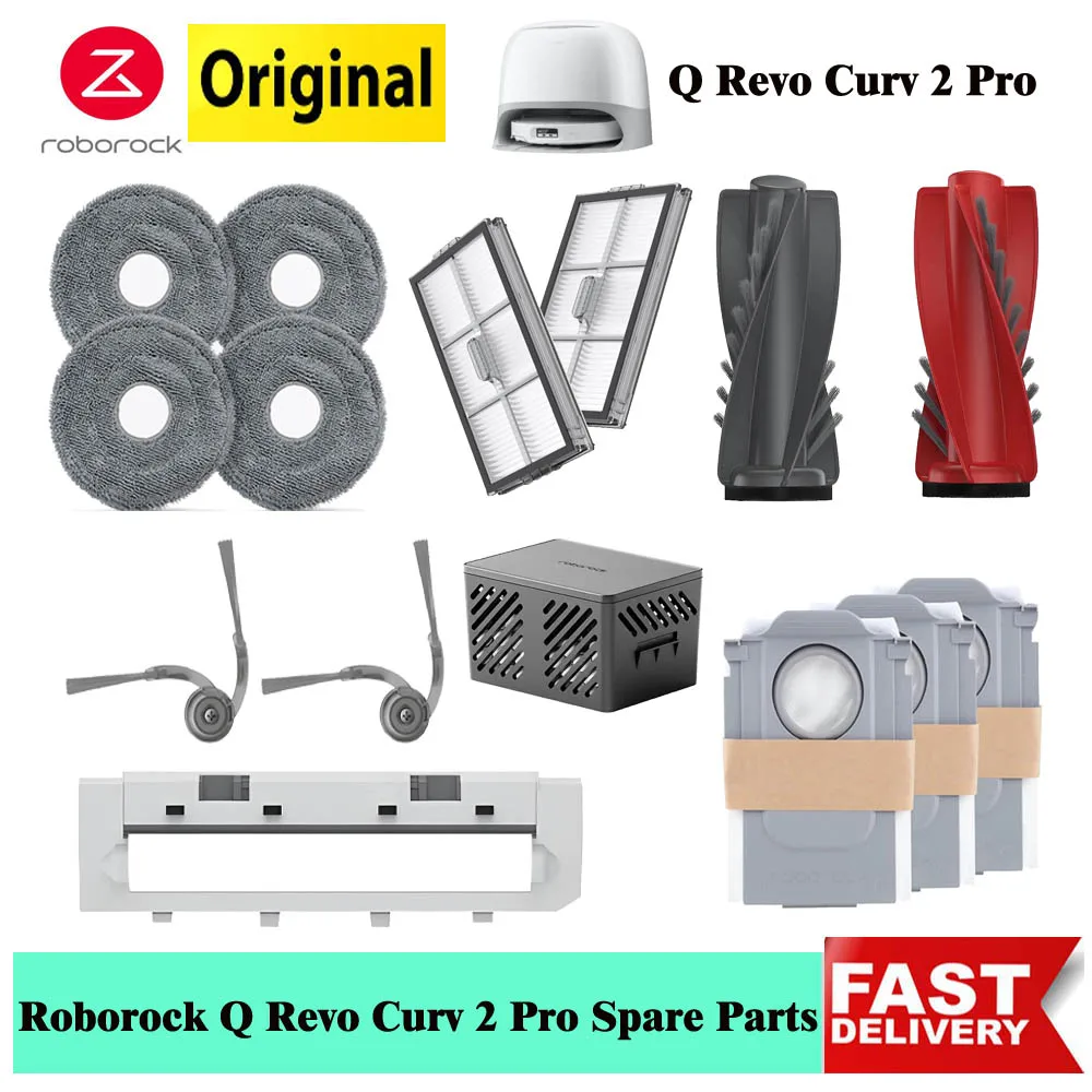 Roborock Qrevo Curv 2 Pro – couvercle de brosse principale/latérale, filtre de brosse, Module bactériostatique, sac à poussière, pièces de rechange pour vadrouille en option, Original