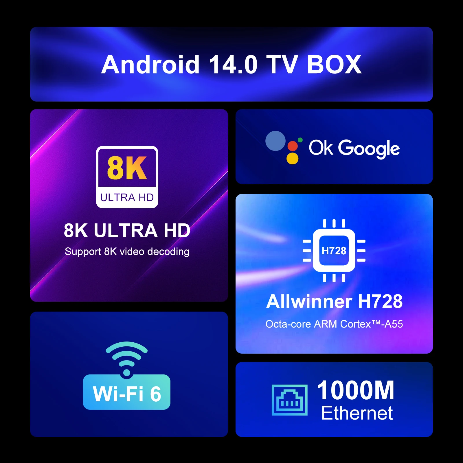 H96 MAX H728 Smart TV Box Android14 Tvbox 8K 4K@60fps 1000M/LAN Wifi6 BT5.0 Google Voice Assistant Netflix AV1 HDR10+ Clock