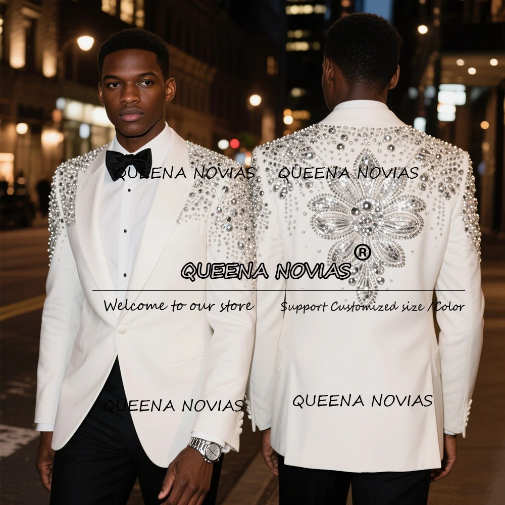 

Sparkling Diamond Beaded Suits Men 2 Pieces Sets costume homme Customized Single Breasted Groom Blazers Outfits Wedding Tuxedos
