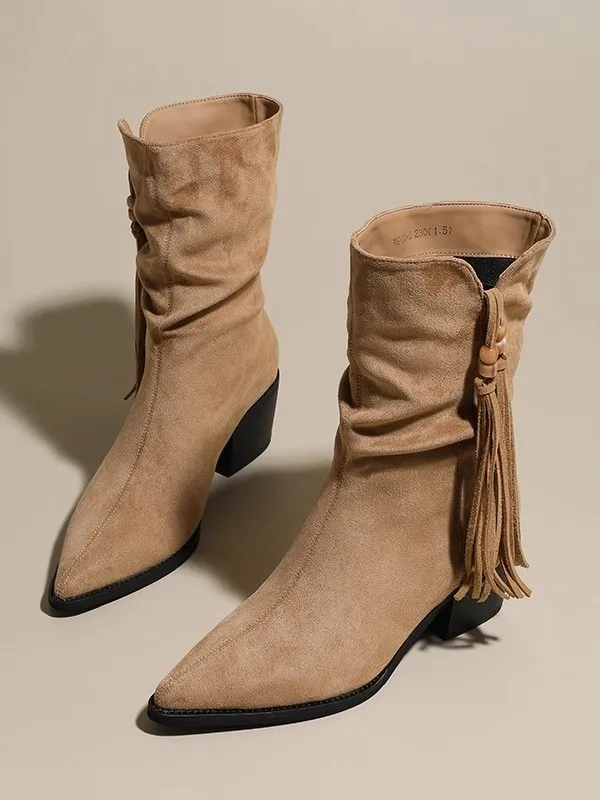 

Western Style Fringe Velvet Short Boots Women's Chunky Heel Pointed Toe Booties Fashionable Korean Style Winter Boots