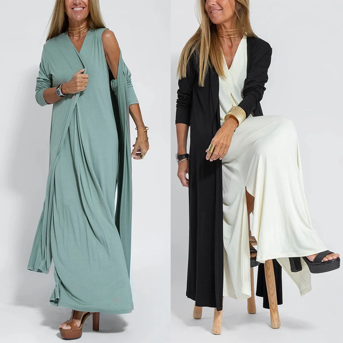 Women Elegant Cardigan Dress Set Solid Long-sleeved Loose Jacket Slit Sleeveless Dresses Ladies Casual Office Street Vacation