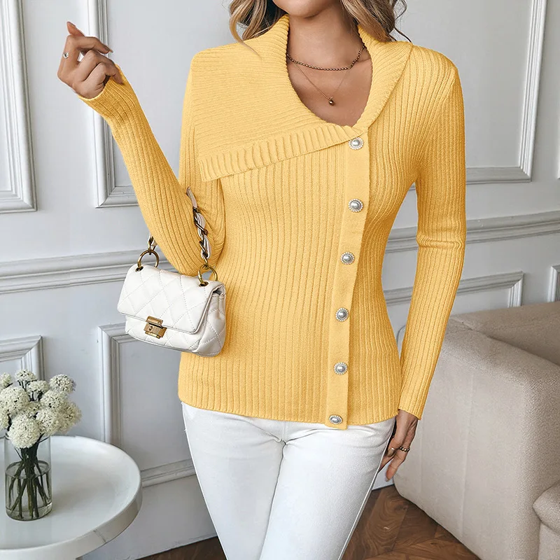

2025 New Style Personalized Youth Trend Pearl Decoration Solid Color Asymmetric V-neck Slim Sweater for Women