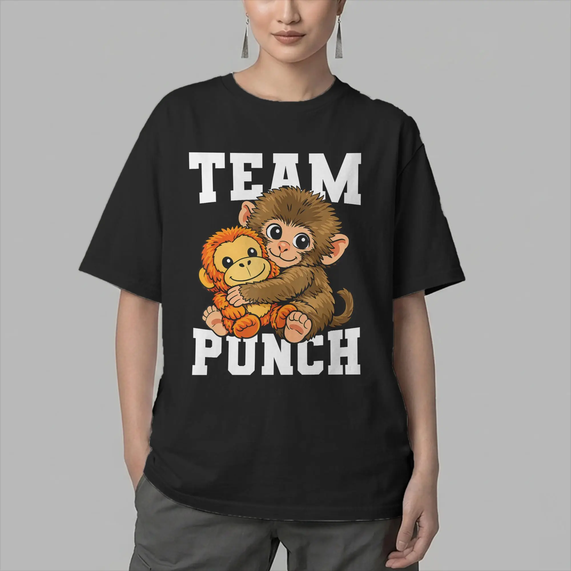 Cute Baby Macaque Holding Plush Toy Japanese Monkey Punch T Shirt Men Cotton Funny T-Shirt Round Collar  Tees Short Sleeve Tops