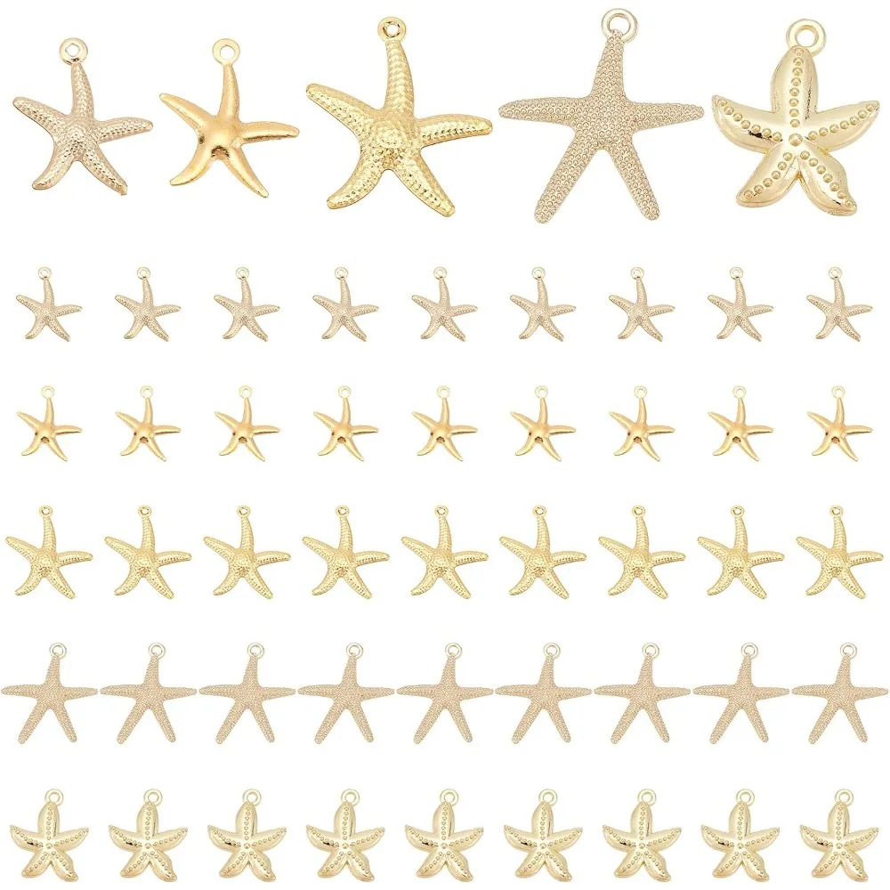 

50pcs Metal Starfish Pendants 5 Styles Sea Star Fish Charms Ocean Theme Charms Golden Sea Animal Pendans for Summer
