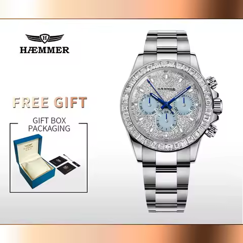 HAEMMER Men's Stainless Steel Multifunctional Mechanical Watch Diamond Waterproof Mineral Glass Mirror Luxury Automatic Watch
