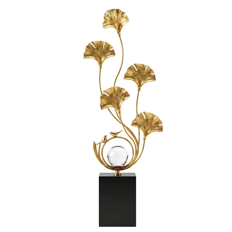 Five Fan Leaf Metal Branch Tabletop Ornament Transparent Round Sphere Accent Solid Dark Square Base Living Room Side Cabinet