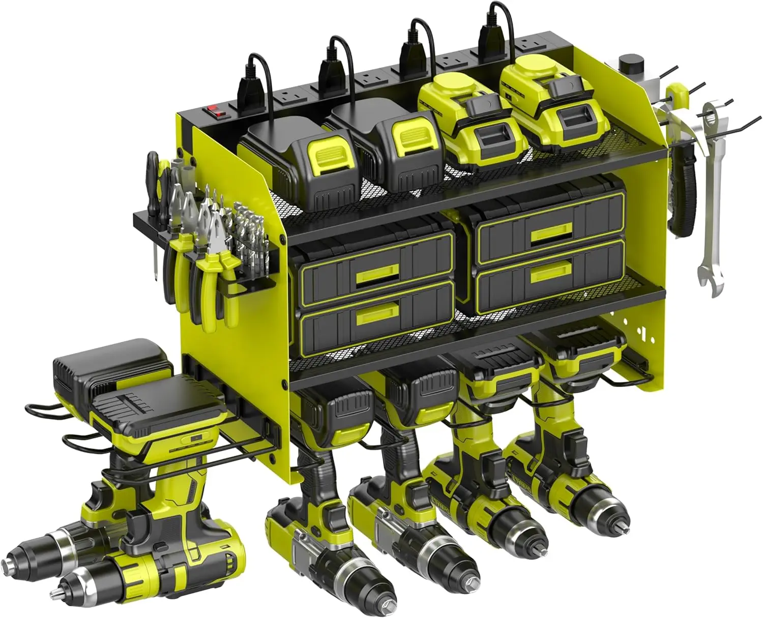 

Green Wall Mount Drill Storage Rack with Charging Station, Holds 4 Drills and Tools for Garage Workshop