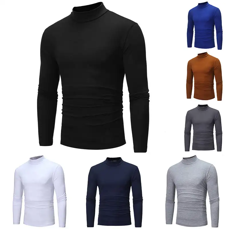 Fashion Men\'s Casual Slim Fit Basic Turtleneck Cotton T-Shirt High Collar Pullover Male Autumn Spring Thin Tops Basic Bottoming