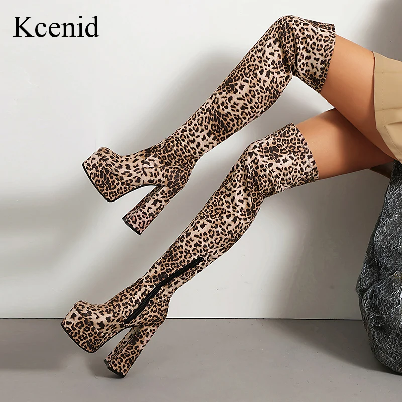 

Kcenid Leopard Print Over The Knee Boots Women's Fashion Stretch Shoes Round Toe Zip High Heel Chunky Platform Booties Size 46
