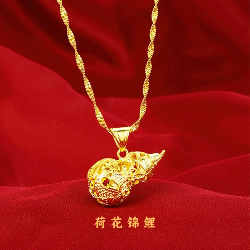 AU999 Gold Clavicle Chain Womens Filigree Gourd Koi Pendant Fortune and Luck Real Gold 24K Pure Gold Ruyi Necklace