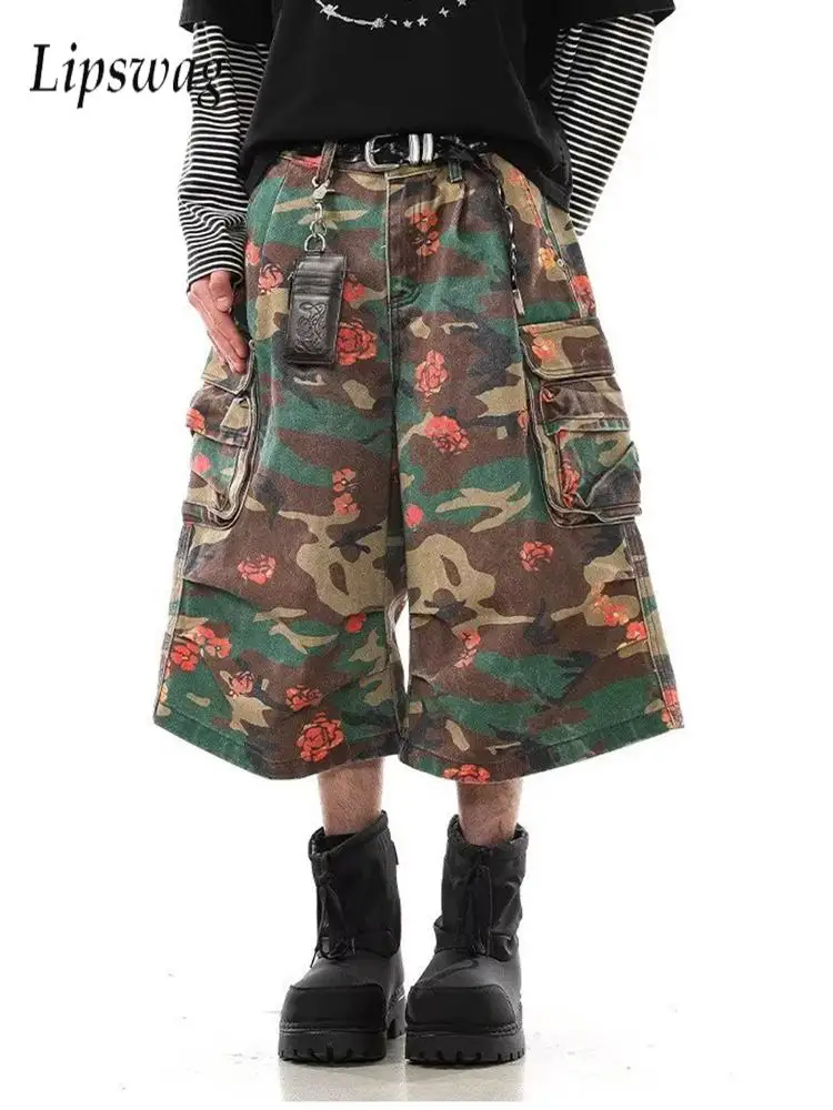 

Multi Pocketed Loose Fitting Camouflage Printed Knee lengthen Fit Straight Leg Jeans Design Streetwear Summer Casual Men Shorts