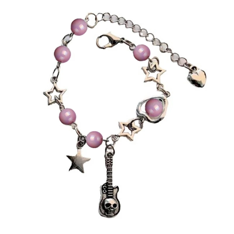 Hip Rock Beaded Wristband Accessory with Skull Guitar Pendant for Rock Enthusiasts and Fashion forward Individuals