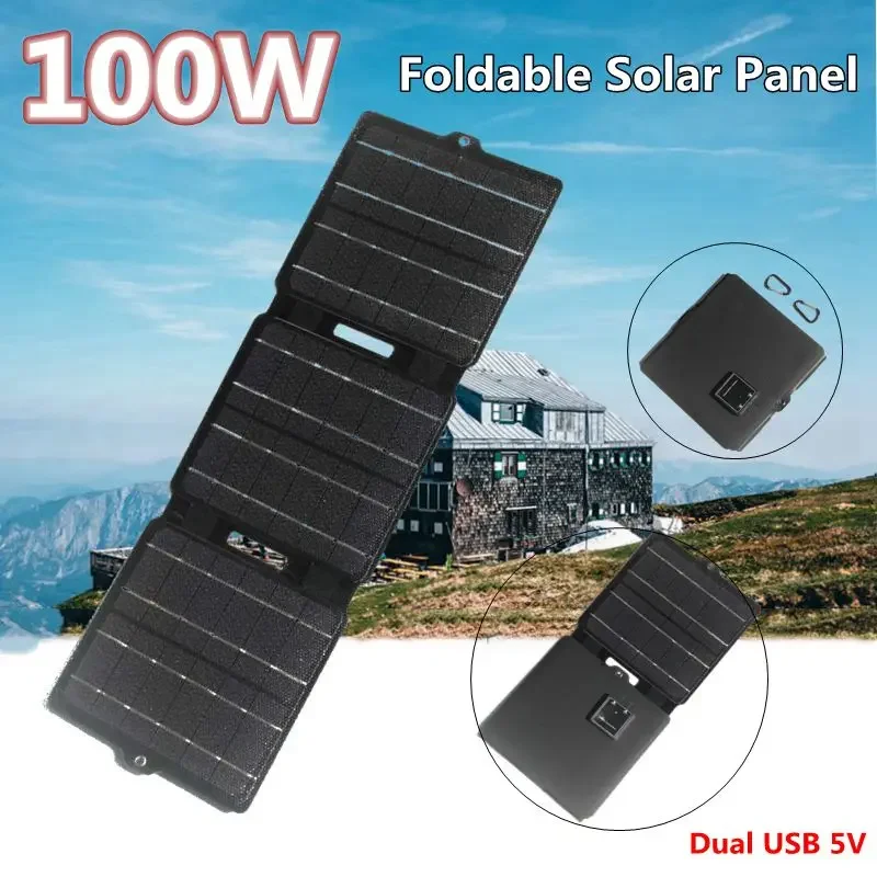 

100W/200W Foldable Solar Panel ETFE Dual USB 5V Solar Charger Waterproof Solar Cell Power Bank for Mobile Outdoor Camping Hiking