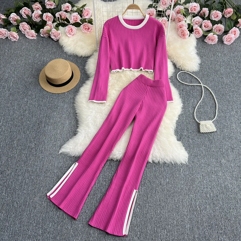 

Two Piece Set Pajamas Women Casual Panelled Side Split Trouser Suits Female 2024 Autumn Crop Sweater High Waist Ladies Home Suit