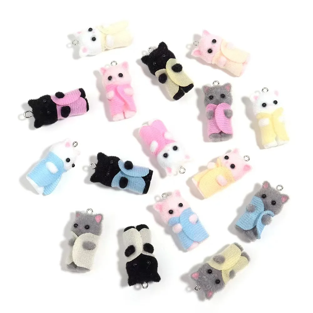 30pcs flocking resincute charms three-dimensional color clothes cat pendant for DIY jewelry keychain earrings accessories make