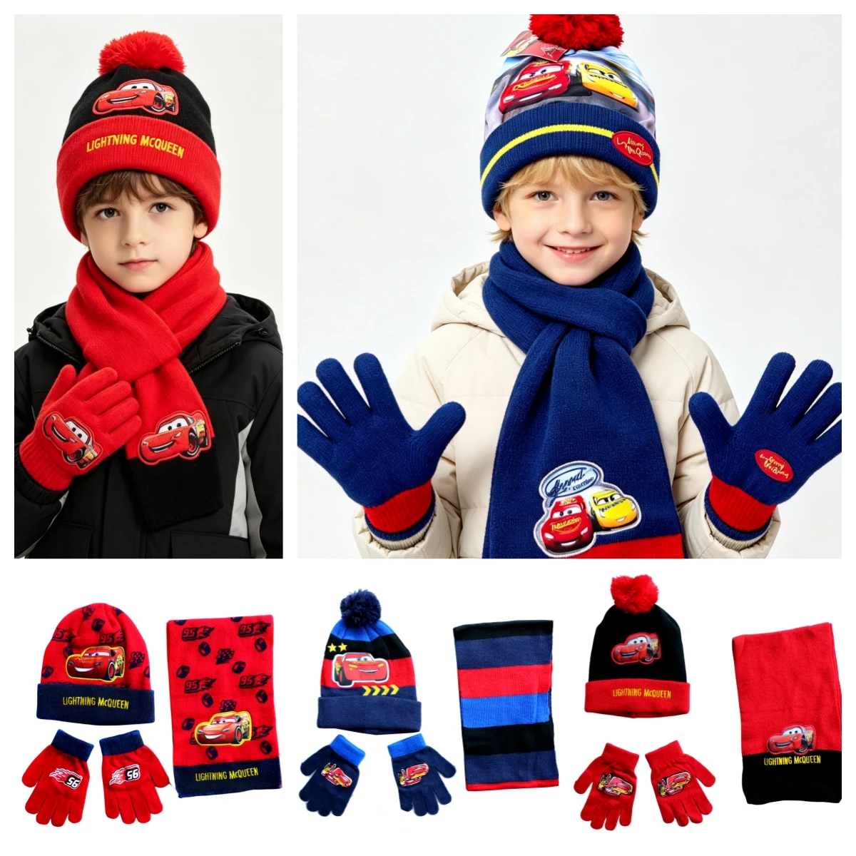 3Pcs Kids Racing Car Cartoon Pattern Knitted Hat Scarf Gloves Set Pompon Beanie Warm Caps Autumn Winter Accessories Boys Gift