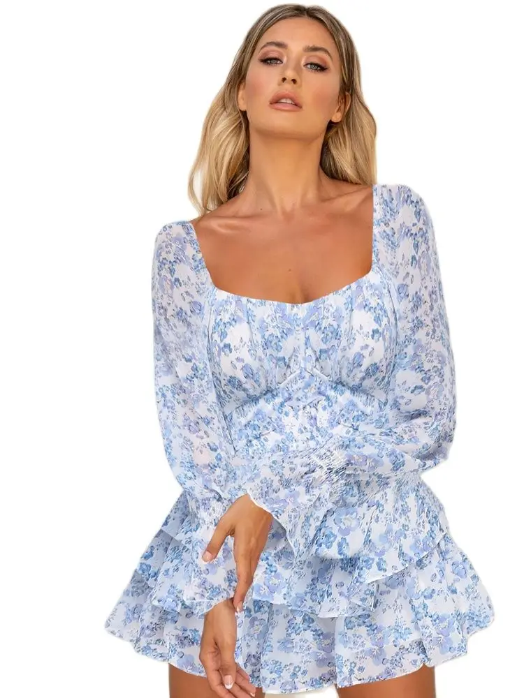 

Xylocarp-Floral Jumpsuit for Women, Sexy Halter, Square Collar, Long Sleeves, Spring and Summer, New Fashion, FKAQ, 2022