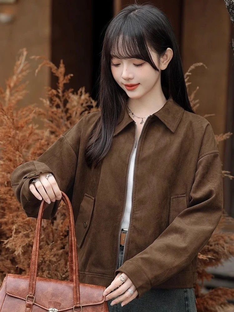 

​ Новинка весны 2024, женская короткая куртка карамельного цвета, кофейного, коричневого цвета в стиле ретро Американа, миниатюрного кроя ​