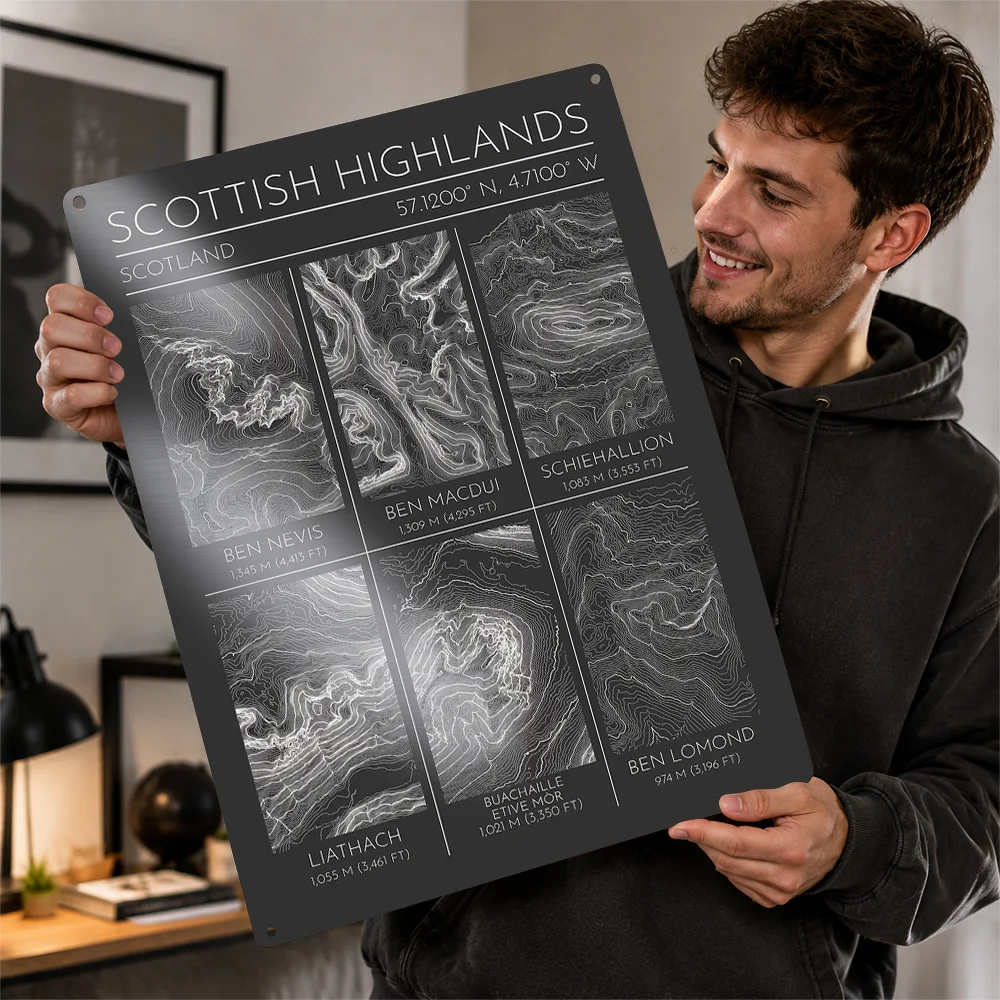 Scottish Highlands Topographic Contour Map Aluminum Poster Customized Metal Tin Sign Terrain Survey Design Wall Art Study Decor