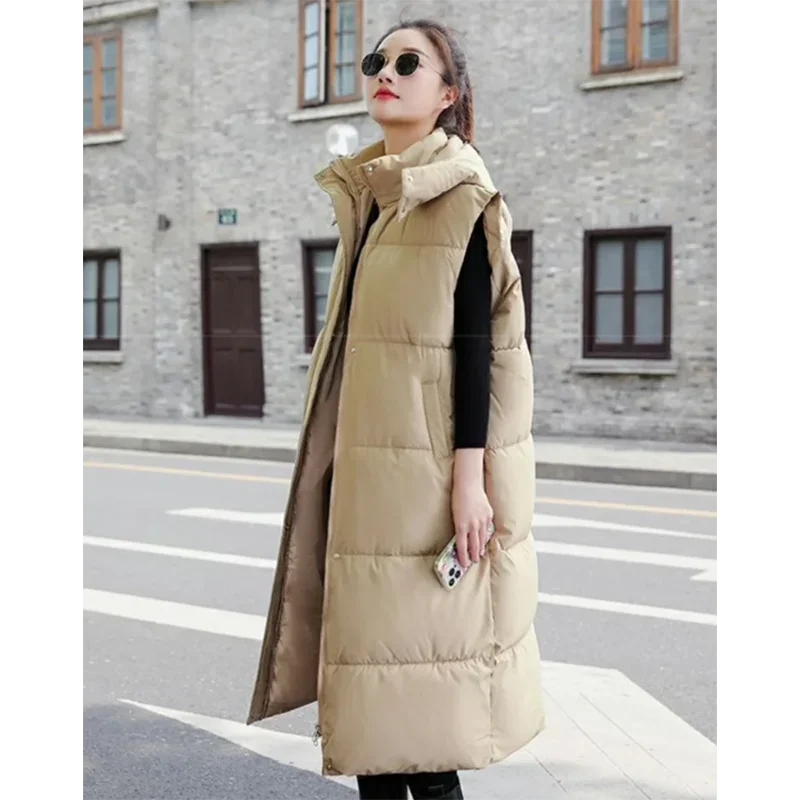 Herbst Winter Weibliche Lange Puffer Weste Ärmel Unten Baumwolle Mantel Frauen Lange Weste Koreanische Kapuze Puffer Weste Parkas Jacke