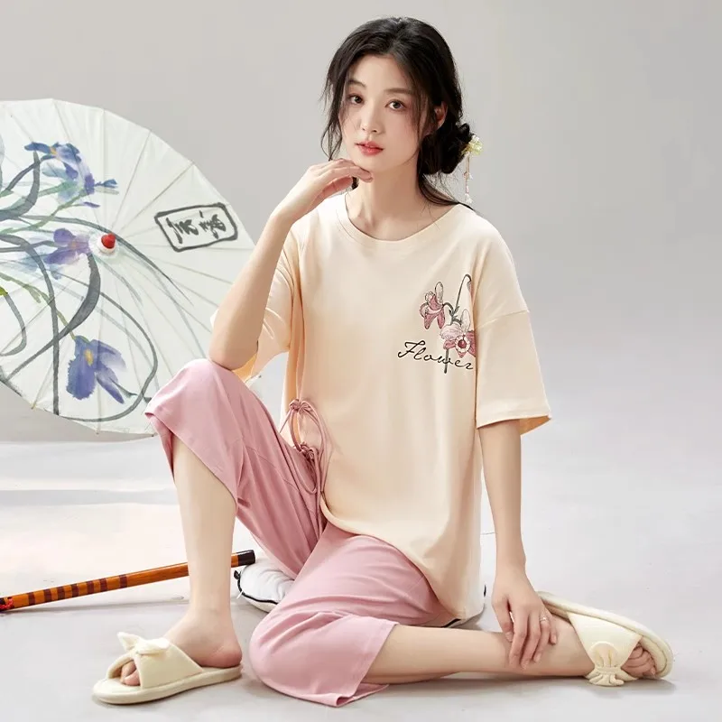 Summer Women's Sleepwear New Pijama Mujer Chinese Style Short Sleeved Pajama Set Cropped Pants Cotton Casual Home Clothes