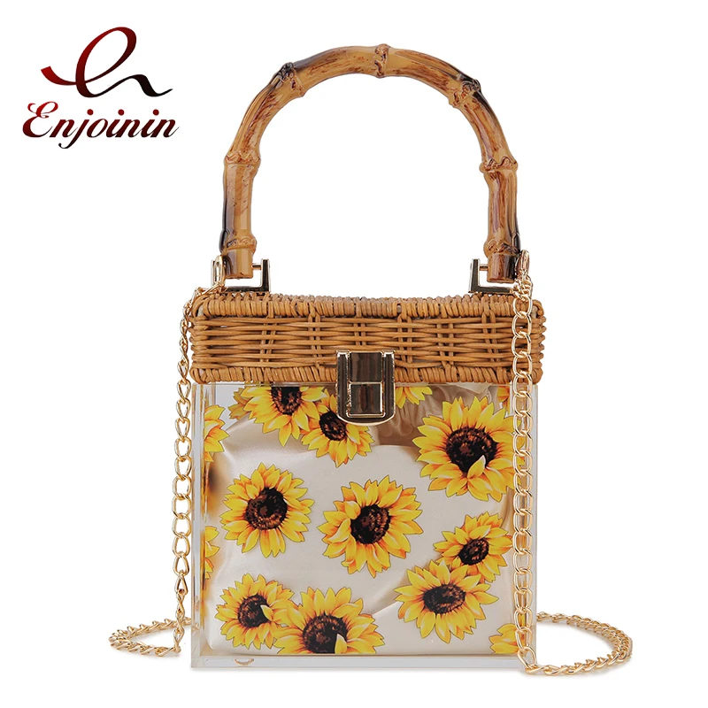 Borse e borsette con motivo floreale in acrilico trasparente per donna borsa a tracolla a catena firmata con pochette da sera con manico in bambù