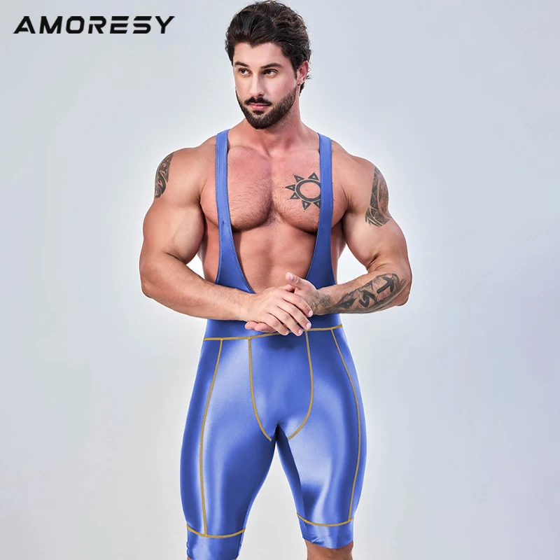 AMORESY Mens Satin Cycling Bibs Five-Dimensional Pants Tights Running Swim Overalls Oil Glossy Bicycle Road Shock Absorbing Bibs