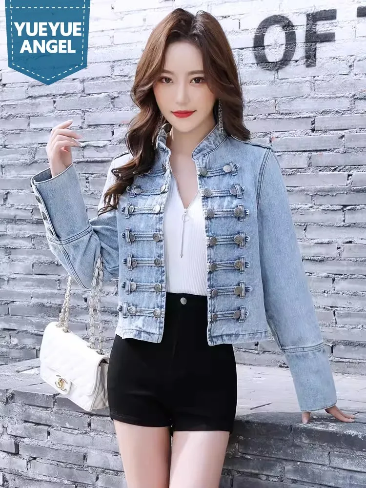 Vintage Women Double Breasted Stand Collar Denim Jacket Spring Autumn Casual Outwear Coat Slim Fit Court Style Short Jackets