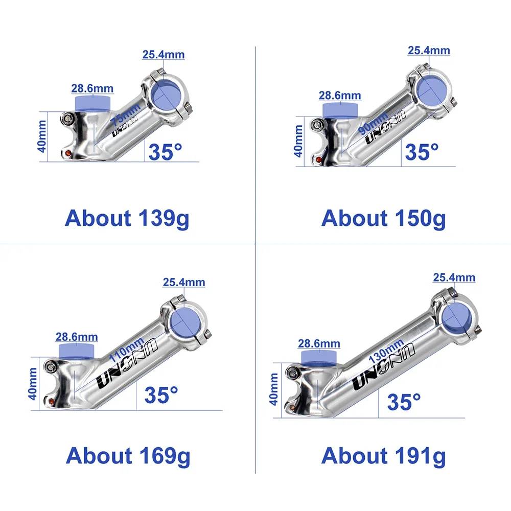 UNO Bike Stem 35 degree Bicycle Handlebar Stem UNO Mtb Stem Roed Bike Stem Silver 25.4 75/90/110/130mm Bicycle Accessories