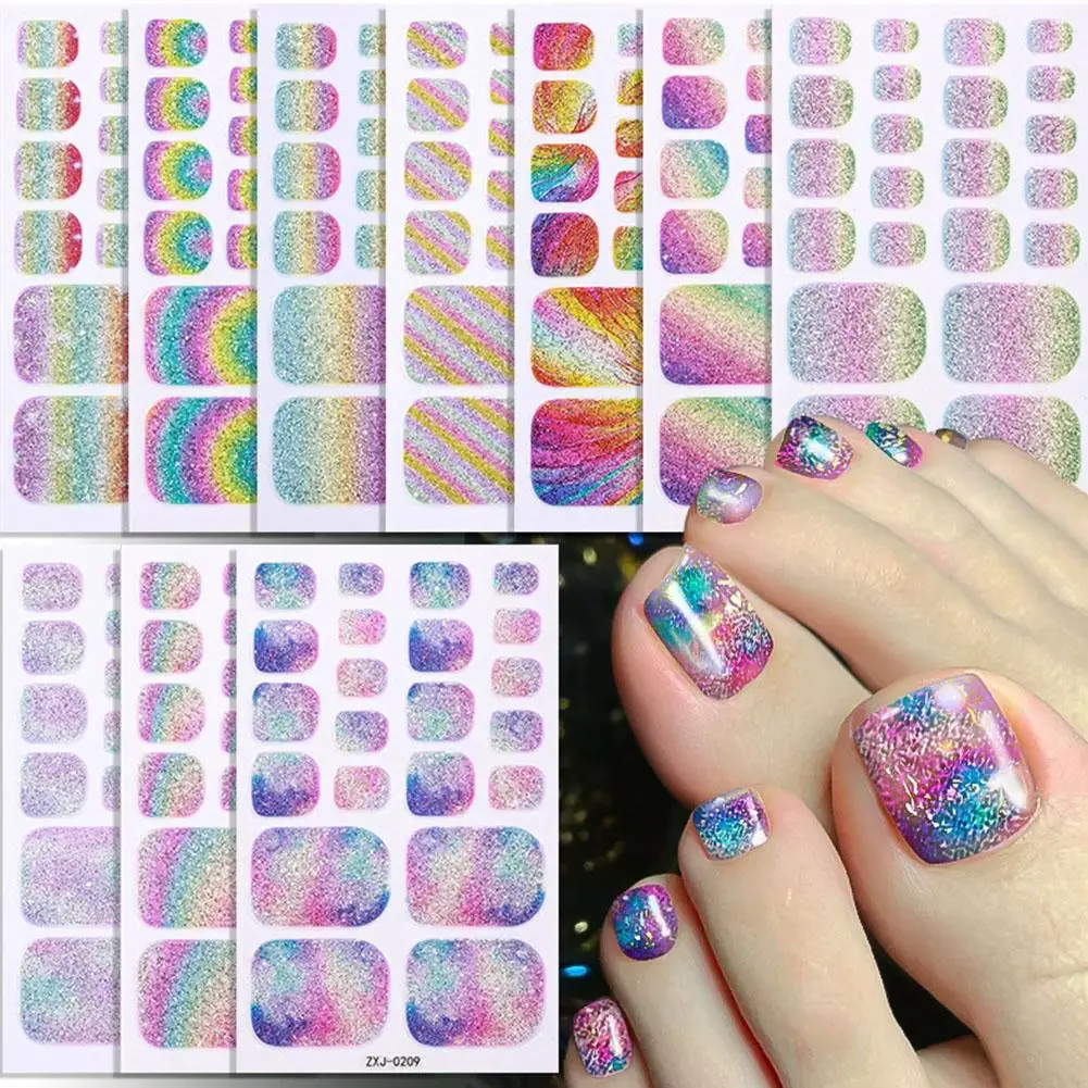 22Tips Rainbow Gradient Glitter Toenail Stickers Waterproof Sparkly Fine Powder Full Cover Foot Nail Wraps DIY Pedicure Manicure