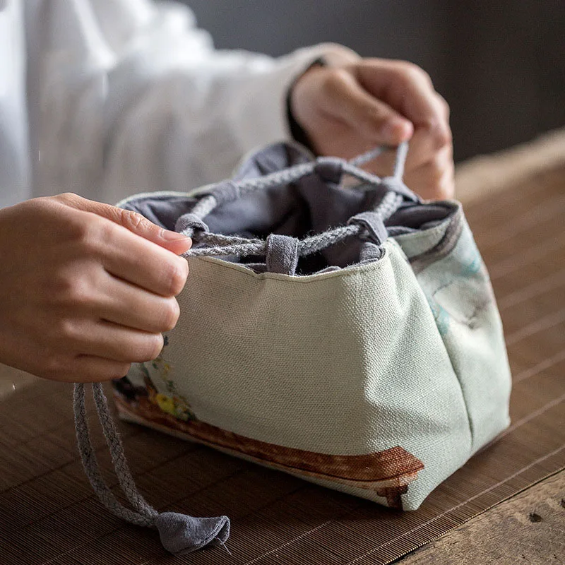 Vintage Persimmon Tea Cup Cloth Storage Bag Portable Printing Travel Kung Fu Tea Cozies Hand Bags Tea Ceremony Accessories LA453