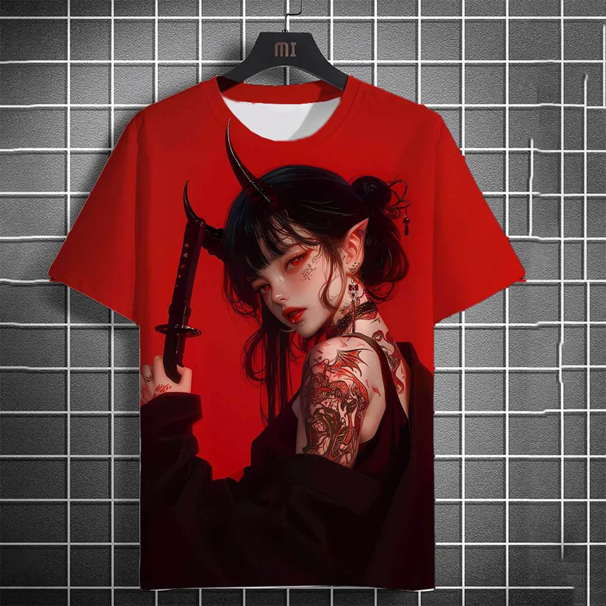 Men's 3D Tattoo Bad Girl T-shirt 3D Stereoscopic Cartoon Pattern Harajuku Street Style Loose Breathable Summer Short Sleeve Top