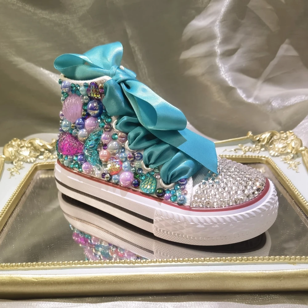 

Dollbling Shell Simulation DIY Bling Handmade Shoes Canvas Mermaid Theme Kids High Top Pearls Sneakers Under the Sea Shoes