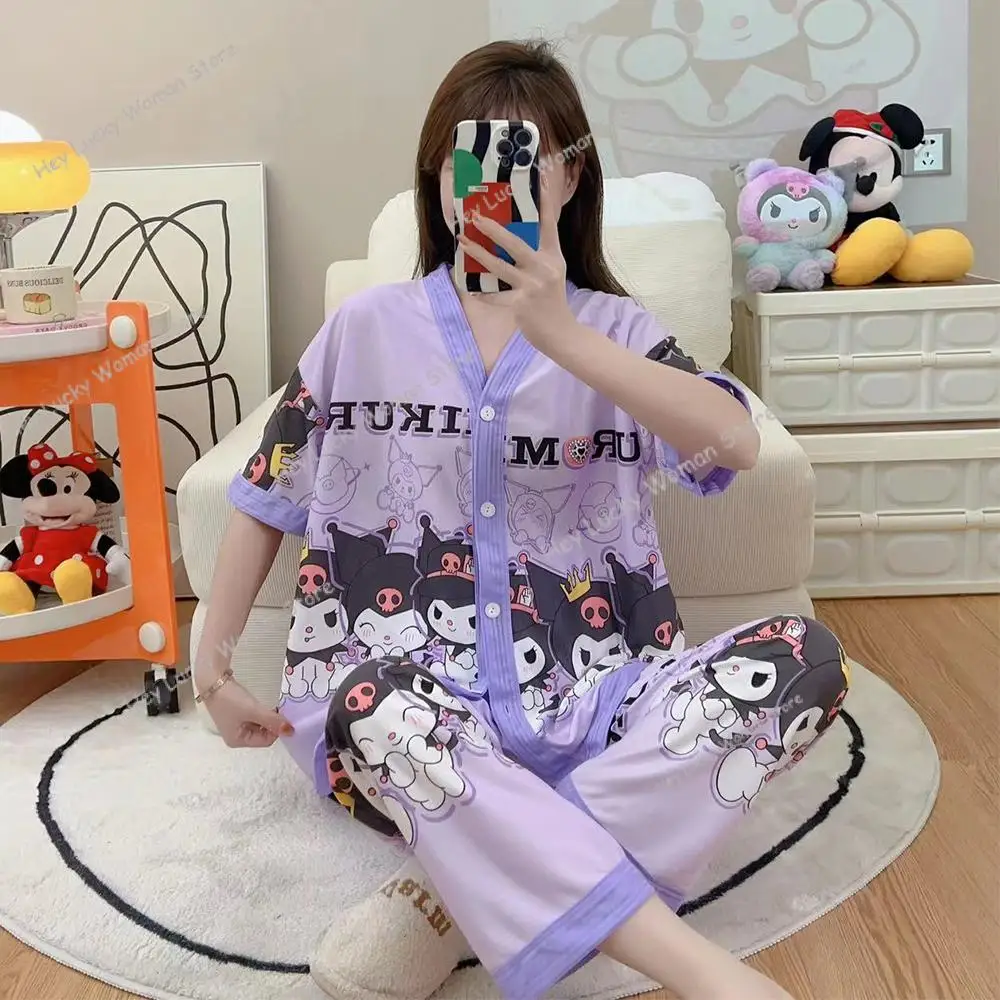 Cartoon 2Pcs Disney Stitch Summer New Female Pajamas Anime Cute T-Shirt Pants Loose Imitation Cotton Sweet Outside Loungewear