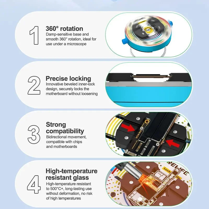 RELIFE RL-601Q Pro 360° Rotating Fixture Tempered Heat-insulating Glass for Various Mobile Phone Motherboards Repair Tools