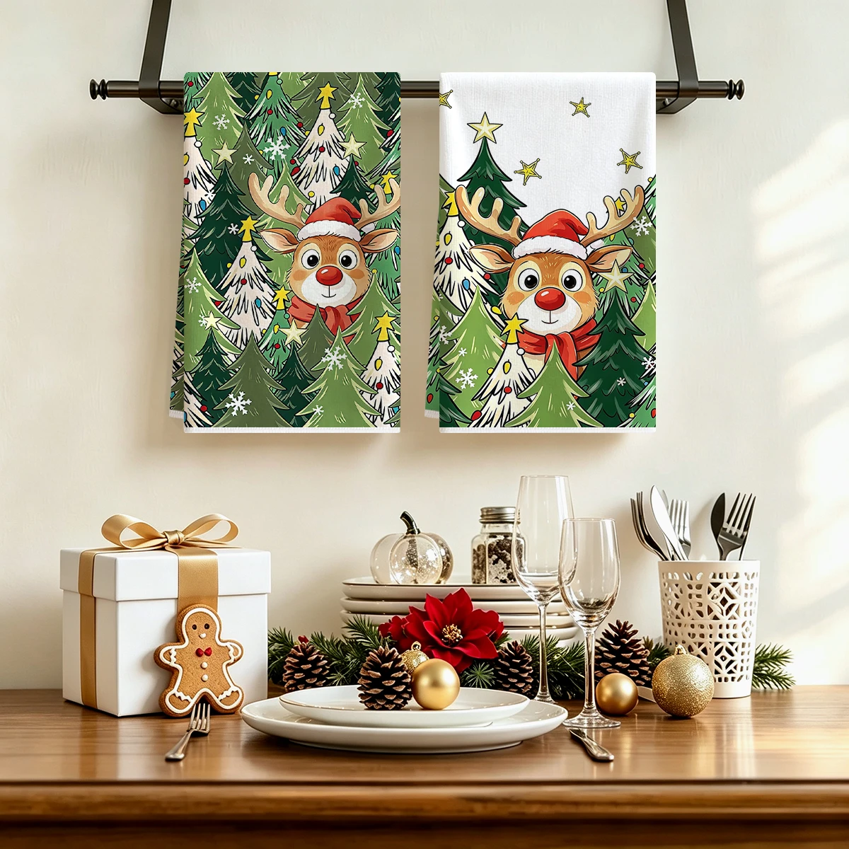 2Pcs Christmas Kitchen Towels Cute Reindeer Xmas Tree Print Absorbent Tea Towels Multi‑Purpose Cleaning Dish Cloths