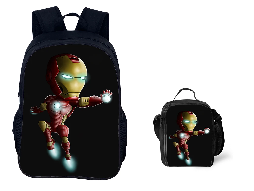 

2 in 1 Backpack Set-Elementary Children IronMan Marvel Rucksack and Marvel Reusable Lunch Tote for Unisex Boys Girls