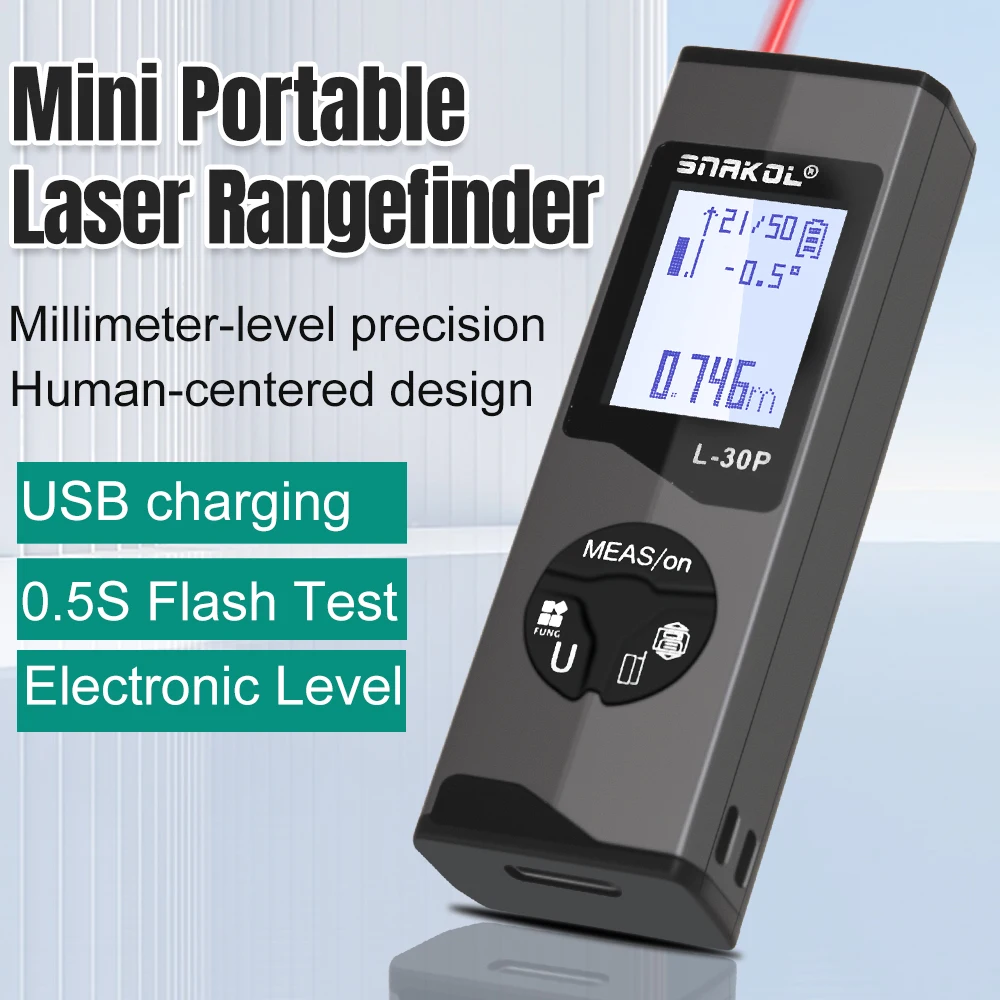 Лазерный дальномер, корпус из алюминиевого сплава, зарядка через USB, несколько режимов измерения, расстояние 30/50 м с углом, электронный уровень