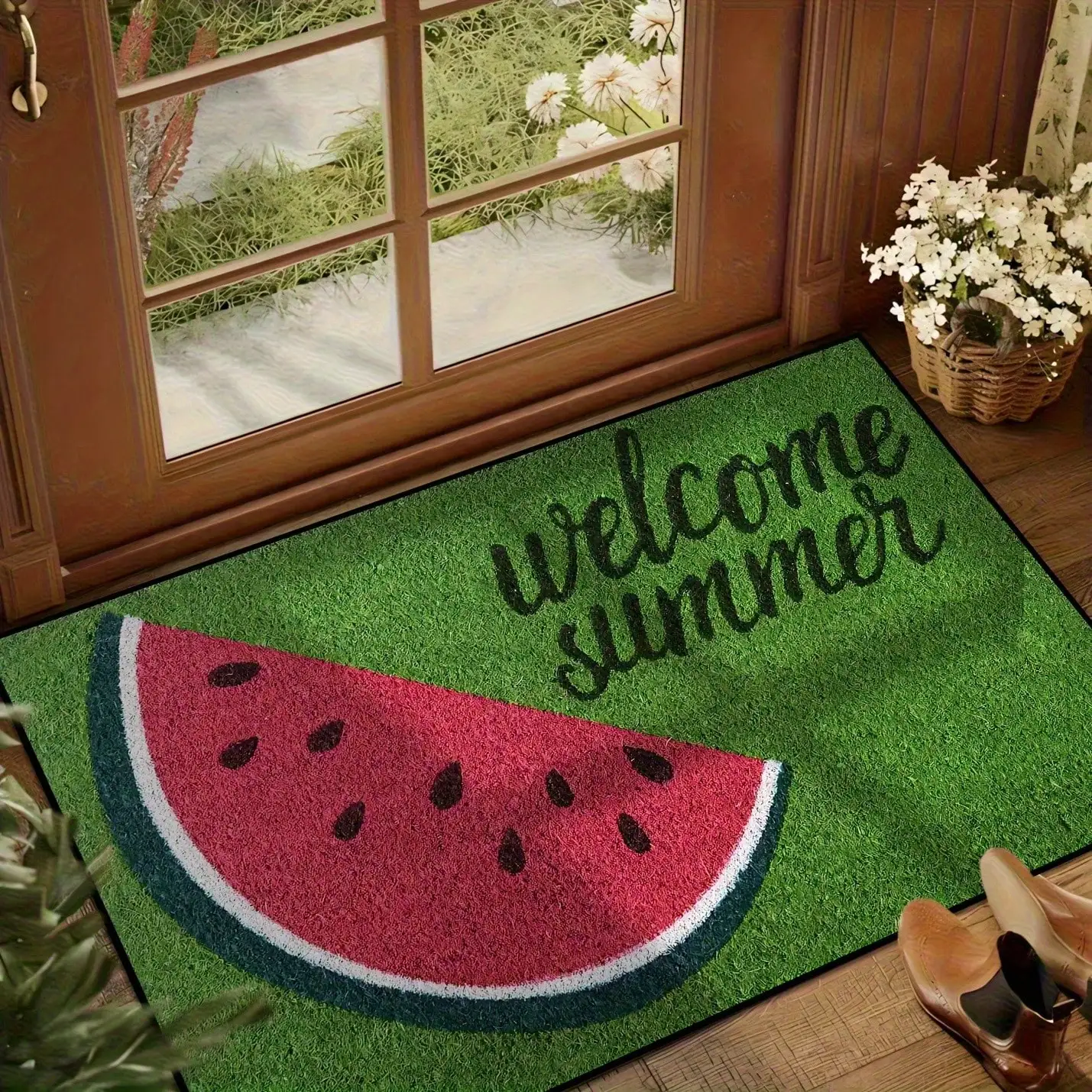 1pc Summer Watermelon Non-Slip Floor With Rubber Backing - Soft Flannel Indoor/Outdoor, Watermelon Slice Design (Fruit Pattern), Easy-Clean Entrance, Bathroom