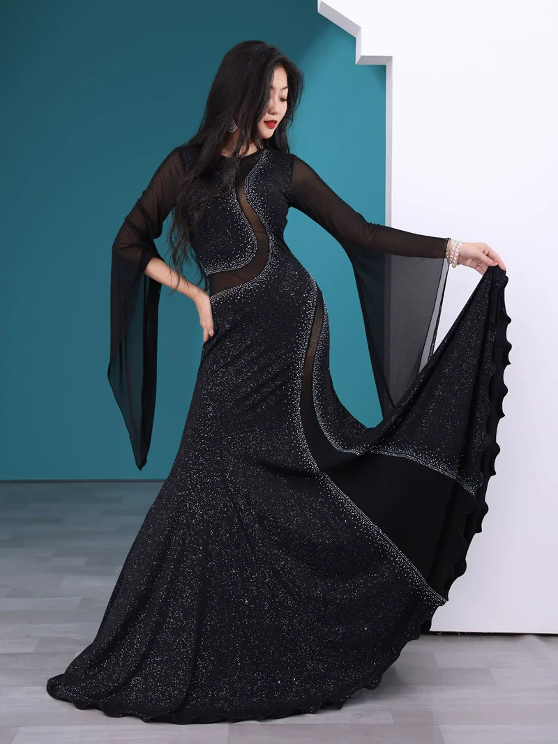 Kawleeya Performance Women Belly Dance Costume Iraq Hair Swinging Dance Robe Competition Props Rhinestone Dress Fishtail Skirt