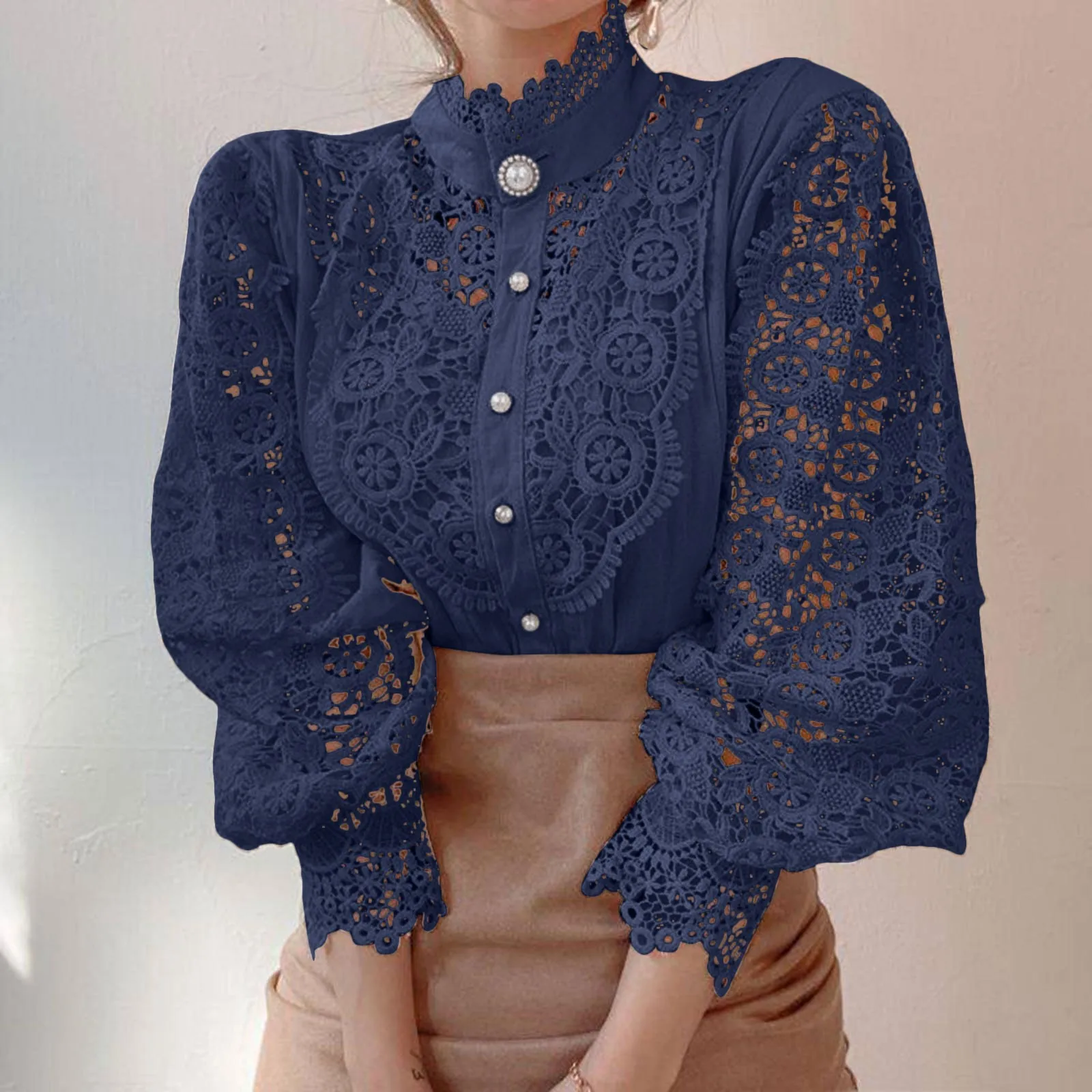 Lace Embroidery High Collar Blouse Pure Color Button Down Fashion Puff Sleeve Vintage T-Shirts Tea Break French Style Top