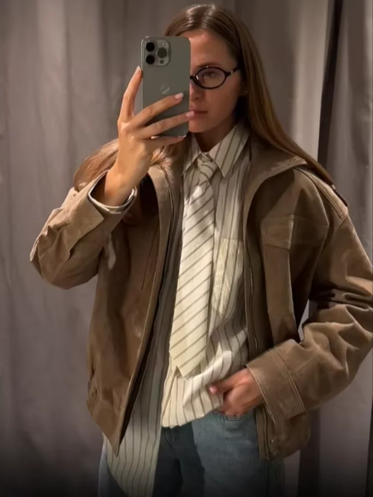 

Pockets Zipper Stand Collar Suede Jacket Women Casual Long Sleeve Loose Bomber Jacket 2025 New Autumn Lady High Street Outwear