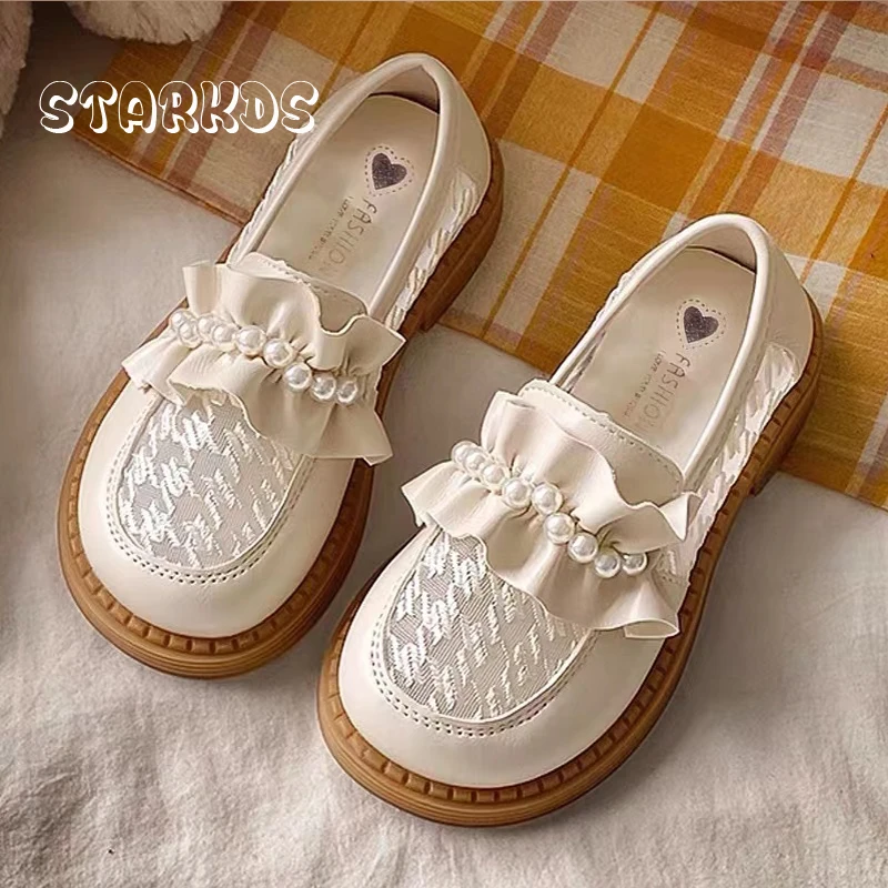 Elegant White Lace Mesh Loafers Girl Thick Sole Houndstooth Slip-on Flats Kids Pearls & Ruffles Princess Shoes